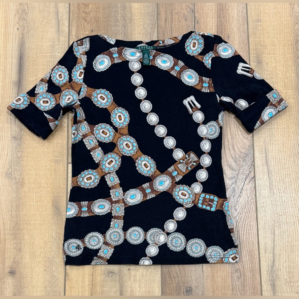 Vintage Lauren Ralph Lauren Black Southwestern Patterned Short Sleeve Top Medium